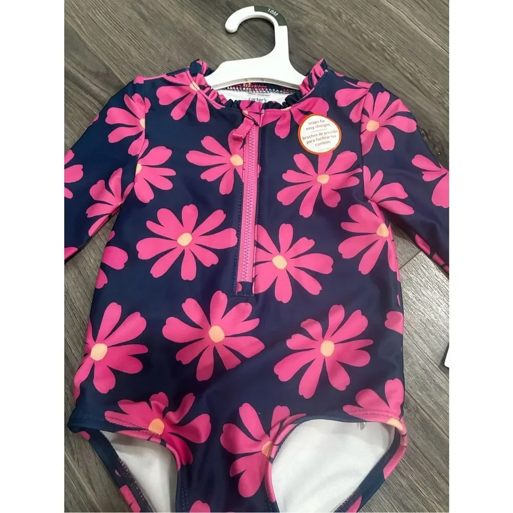 Carter's Navy One-Piece Rash Guard Swimsuit with Hot Pink Daisy Print